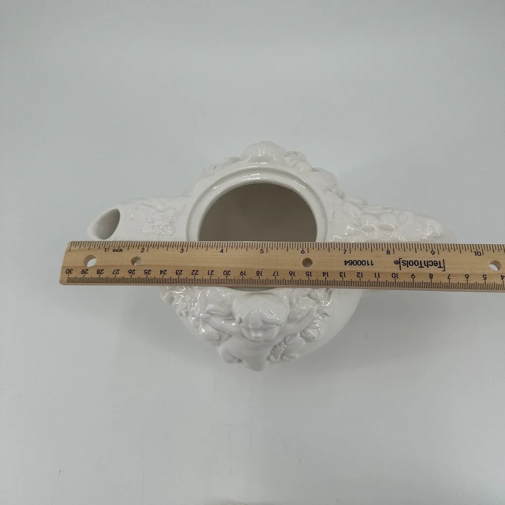 Vintage White Ceramic Cherub Angel Relief Teapot w/ Lid‎ FWC Decorative
